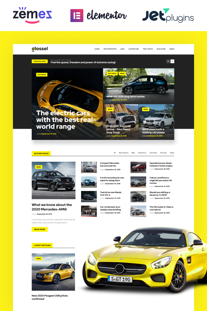 Glossel - Car Blog Website Template based on WordPress Elementor Theme