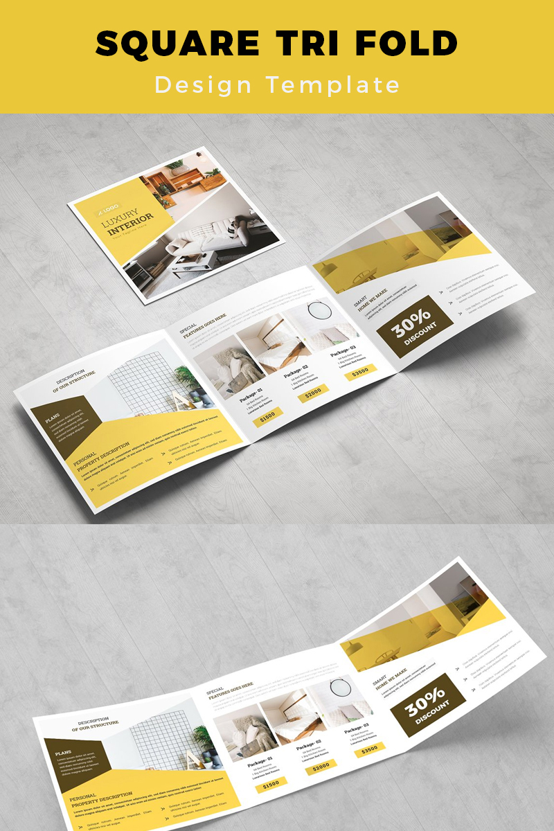 Junsele Real Estate Square Trifold Brochure - Yellow Accents Geometric Design