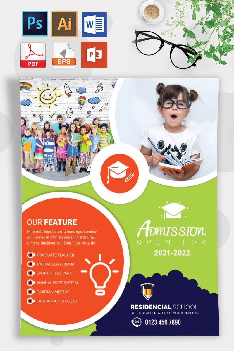 School Flyer Vol-10 Template - Circles Design Orange and Green Theme - Fun and Happy Design