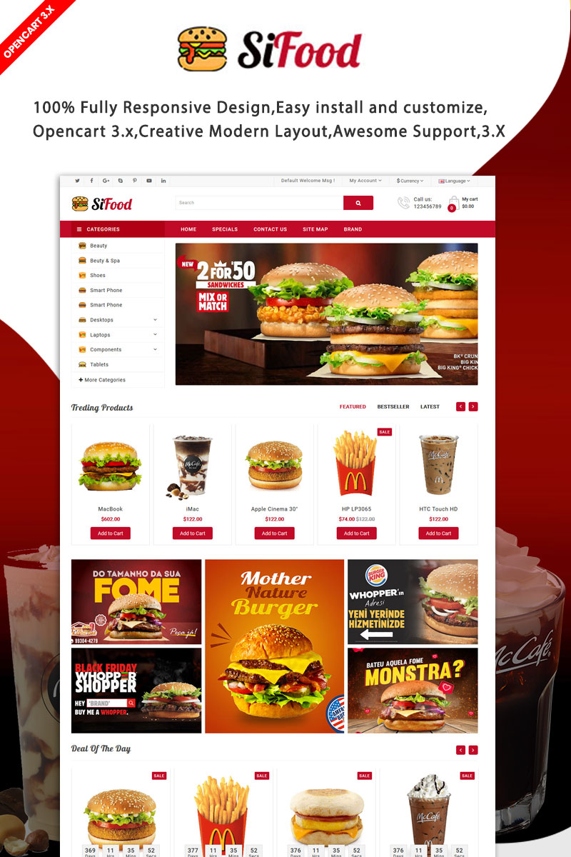 SiFood Restaurant Multipurpose Responsive Theme OpenCart Template